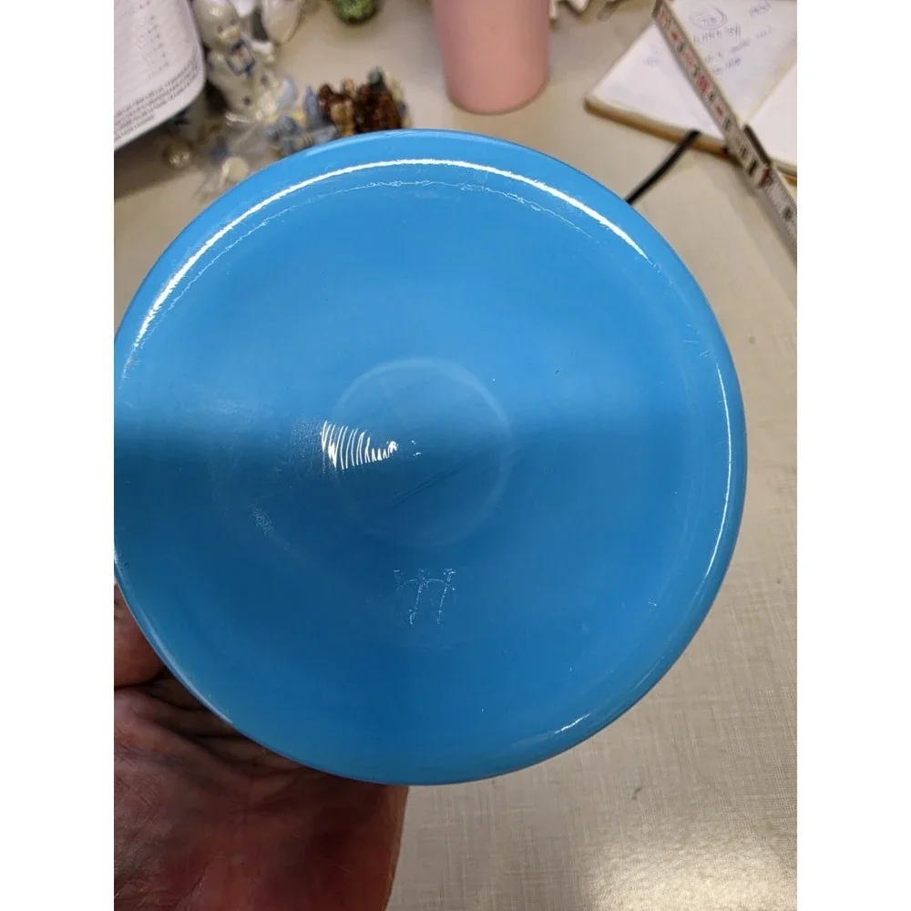 Vintage Fenton Blue Milk Glass Pedestal Compote Ruffled Candy Bowl 1960s